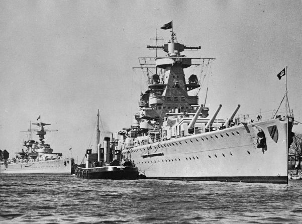 The Deutschland, seen here behind the Admiral Scheer, was badly damaged in a Republic air attack in Ibiza in May.