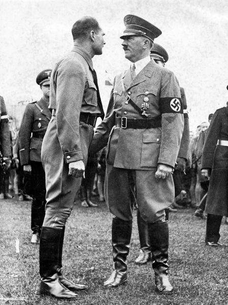 Another shot of the 1937 Party Day. Here, Hitler talks with Rudolf Hess, whose influence was beginning to wane.