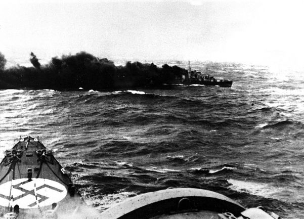 British destroyer Glowworm sinks after ramming the German heavy cruiser Admiral Hipper