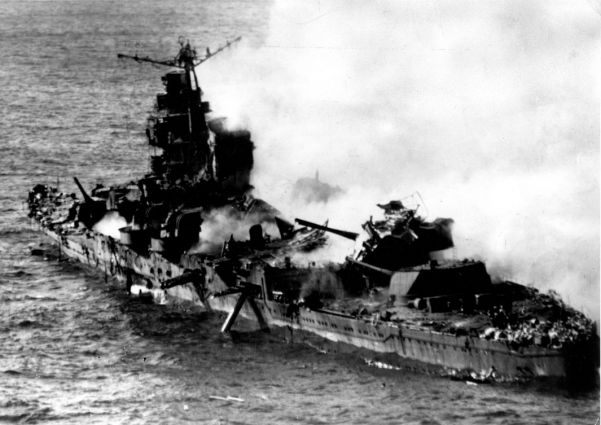 The Japanese cruiser Mogami after sustaining an attack by US aircraft during the Battle of Midway