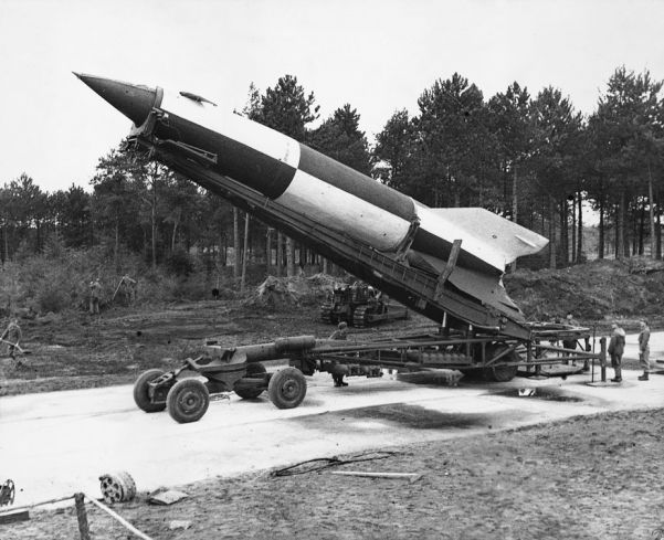 A German V2 rocket is readied for launch from a site in Holland