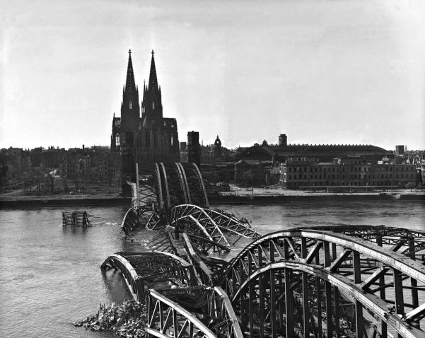 The Hohenzollern Bridge over the Rhine River near Cologne, demolished by retreating German forces in April 1945