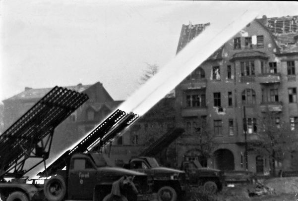 Soviet rocket-launchers blast German positions in Potsdam railroad station in the finals days of the Battle of Berlin