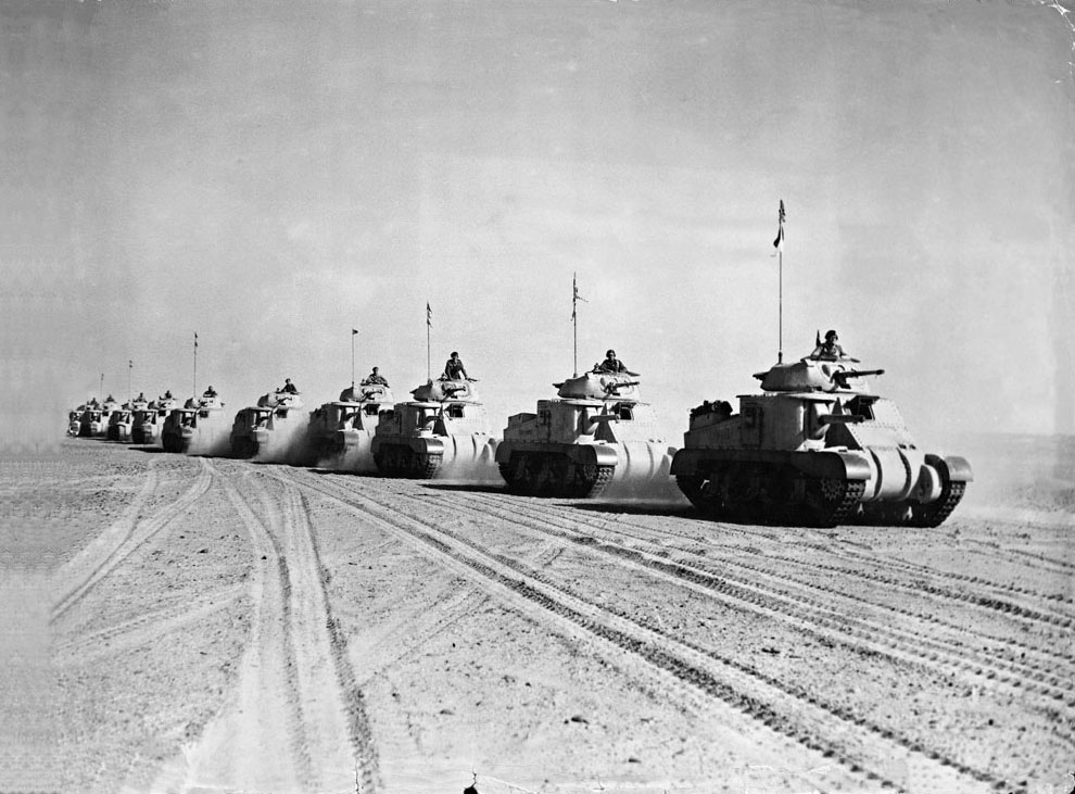 A column of British tanks prepares for action against Axis forces in Libya