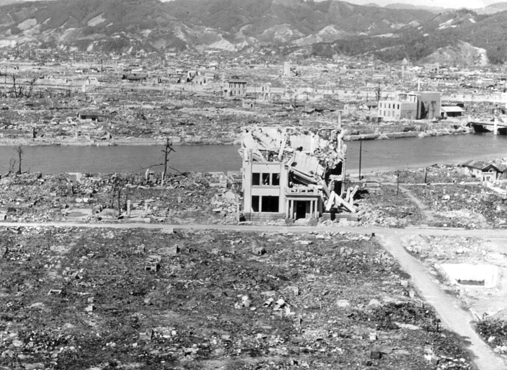 The Japanese city of Hiroshima, devastated by the first use of an atomic bomb in warfare on August 6, 1945